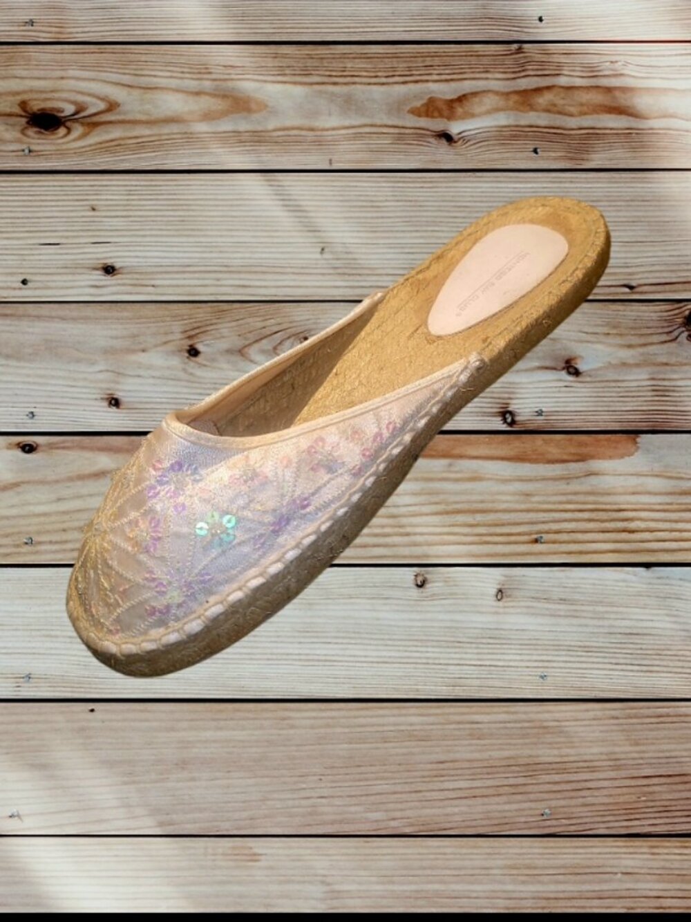 White Espadrille Slippers Mules Flats - 8.5 - Jute Rope Sole - Iridescent Sequin